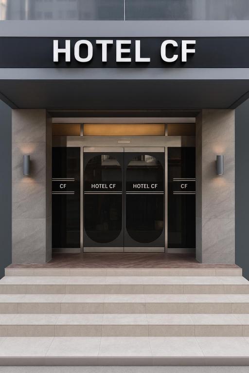 a hotel entrance with glass doors and stairs in front at Hotel CF in Seoul