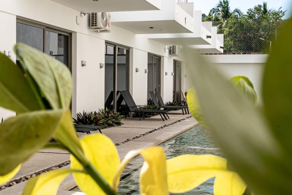 a courtyard with chairs and plants in a building at Safiro Suites Guayabitos Apartments - Adults Only in Rincon de Guayabitos