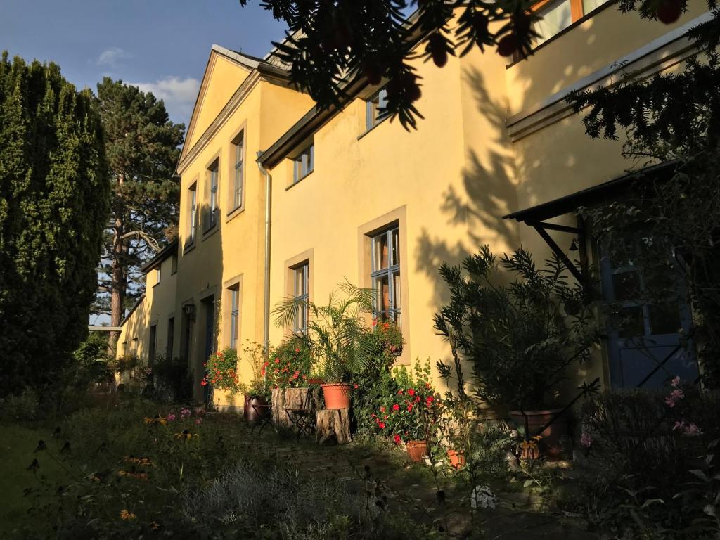 een gebouw met planten en bloemen ervoor bij Haus Friedland in Pirna