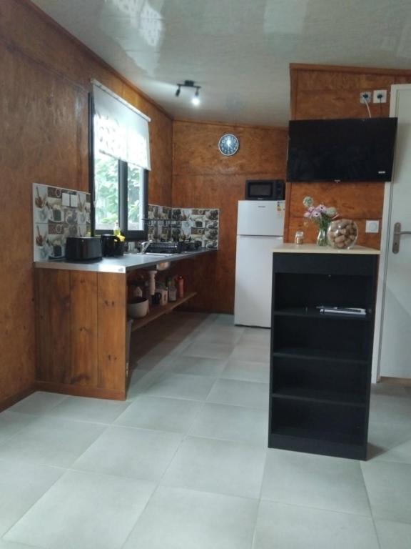 a kitchen with wooden walls and a white refrigerator at Bungalow des palmistes in Saint-Benoît
