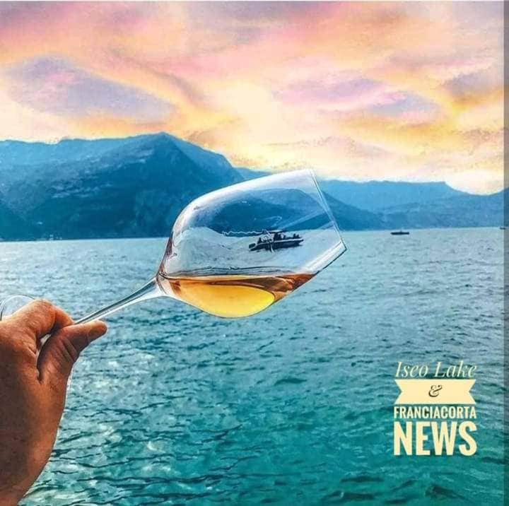 a person holding a glass of wine in front of the water at MUM & DAD - Loft in Sale Marasino