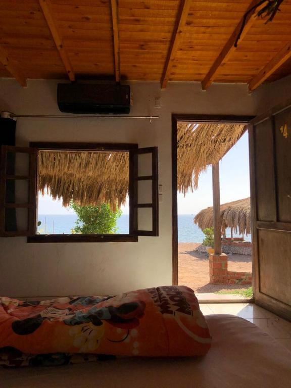 a bedroom with a bed and a view of the ocean at Palm Valley camp in Nuweiba‘ el Muzeinah