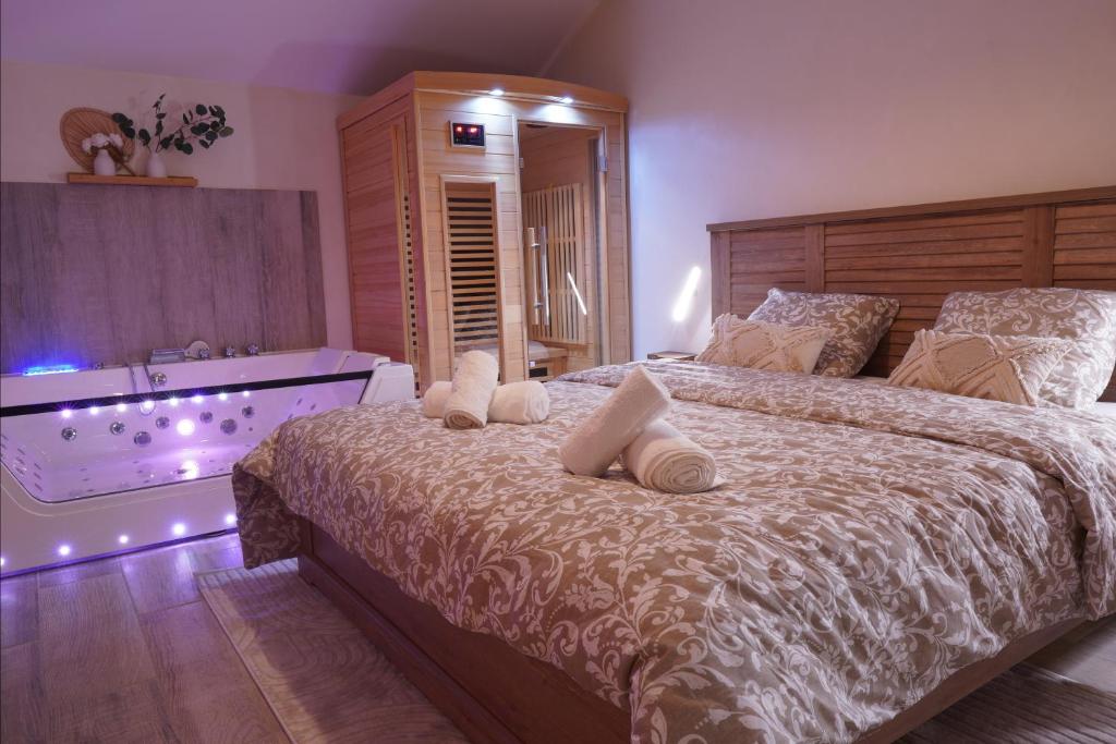 a bedroom with a large bed and a tub at Lunéa - Suite Premium avec Spa et Sauna in Dompierre-sur-Besbre