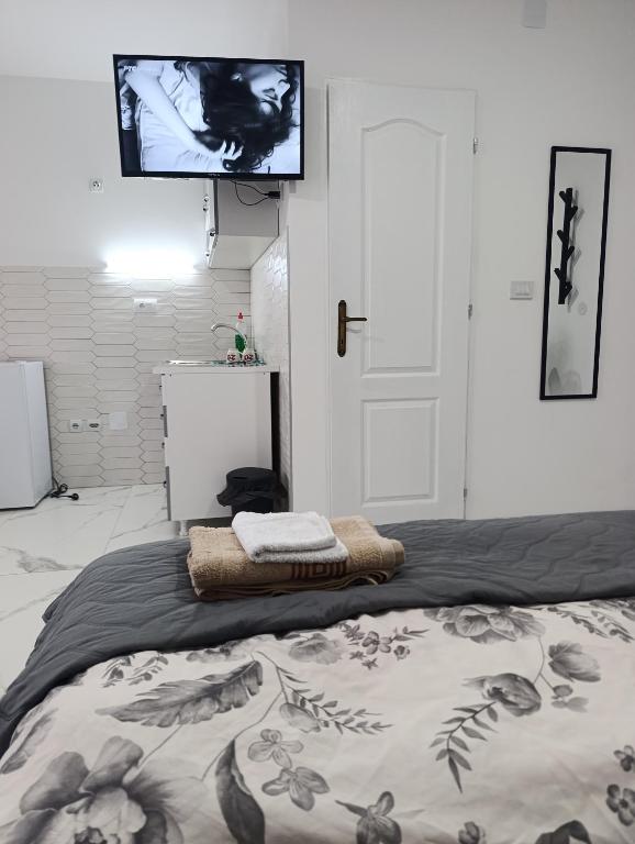 a bedroom with a bed and a flat screen tv at Chill apartmani Svilajnac in Svilajnac