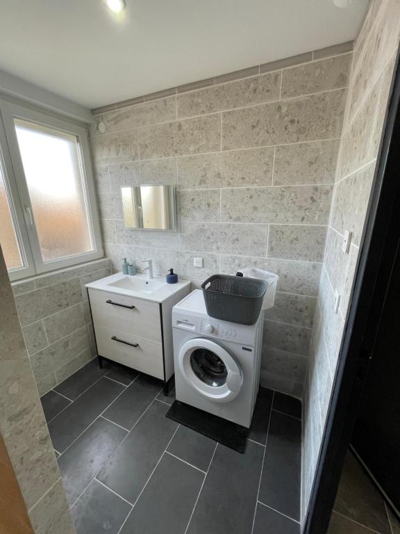 une salle de bains avec lave-linge et lavabo dans l'établissement Famille LATT, à Ouges