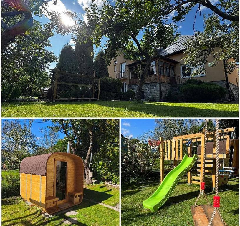 two pictures of a play house and a playground at Lipoffka in Lipova Lazne