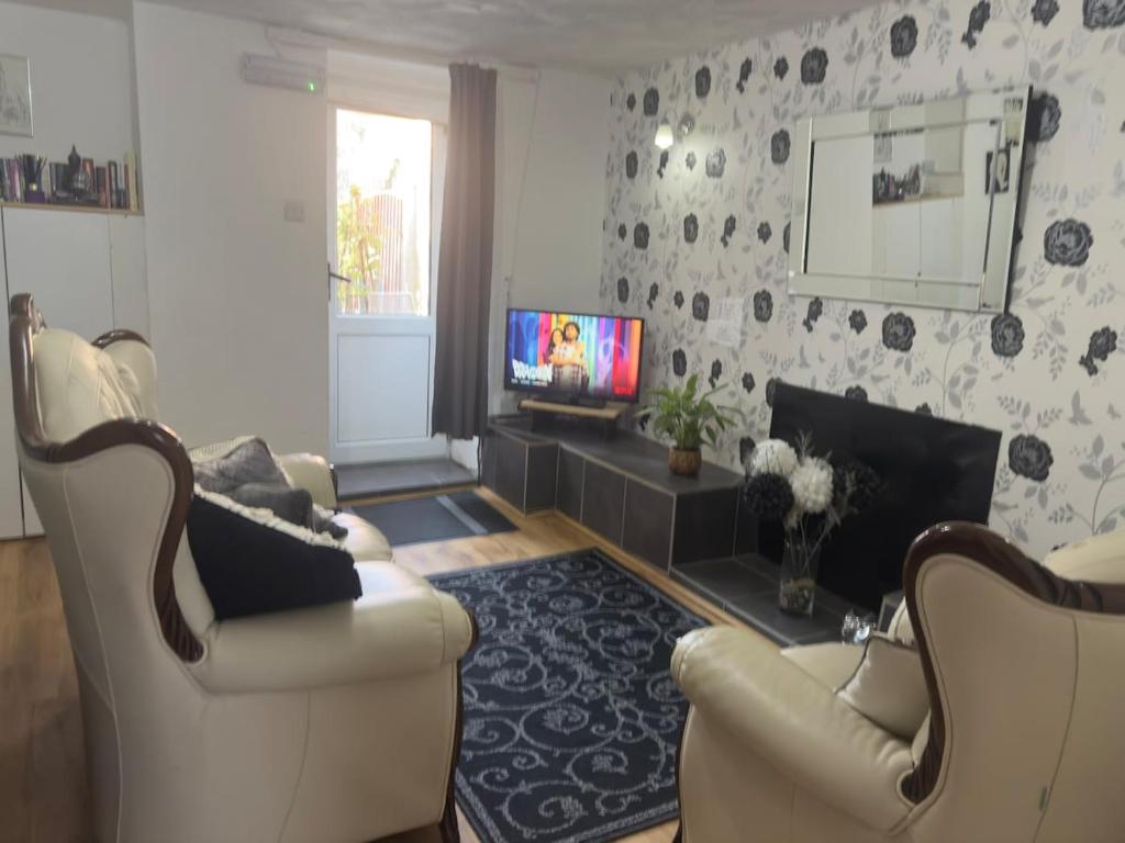 un soggiorno con 2 sedie e una TV di The Bluebird Porthmadog Retreat a Porthmadog