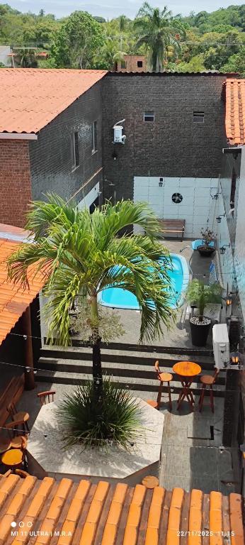 un palmier sur un balcon avec une piscine dans l'établissement Kitnet, à Itaparica Town