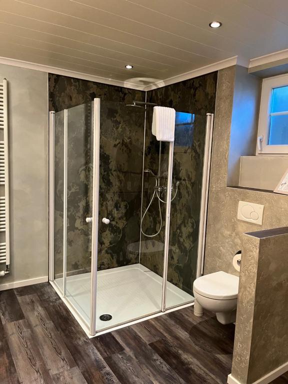 un bagno con doccia e WC di Rottal-AlpakaLodge Zeit zu Zweit im Grünen a Abtsgmünd