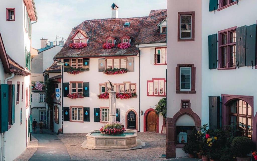 巴塞尔Hostel City Basel 366的白色建筑小镇上的小巷