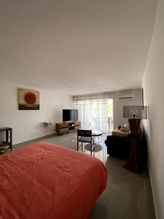 a bedroom with a bed and a living room at Appart Flamboyant 1006 in Saint Martin