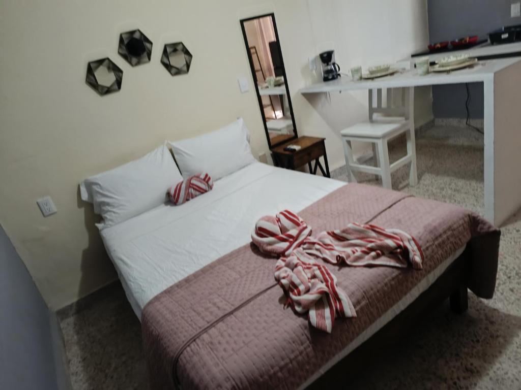 ein Schlafzimmer mit einem Bett mit zwei Kissen darauf in der Unterkunft Suite 104 Cordoba Centro Estacionamiento in Córdoba