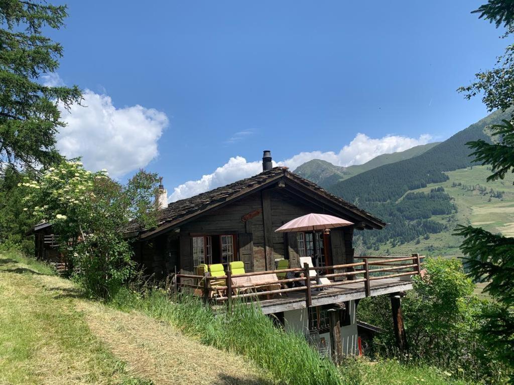 una pequeña casa de madera en una colina con montañas en el fondo en Chalet le Moulin - calme, nature, cheminée, vue, en Liddes