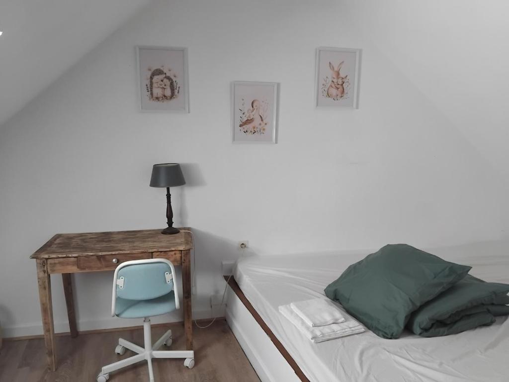 Postel nebo postele na pokoji v ubytování Gîte familial le Puy des Druides