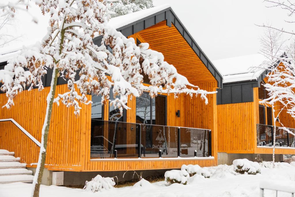 スキュネイザにあるPhoenix Medical Resortの木の枝に雪が積もったオレンジ色の家
