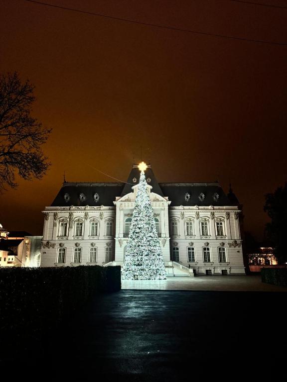 a christmas tree in front of a white building at Union City Centre Apartament in Craiova