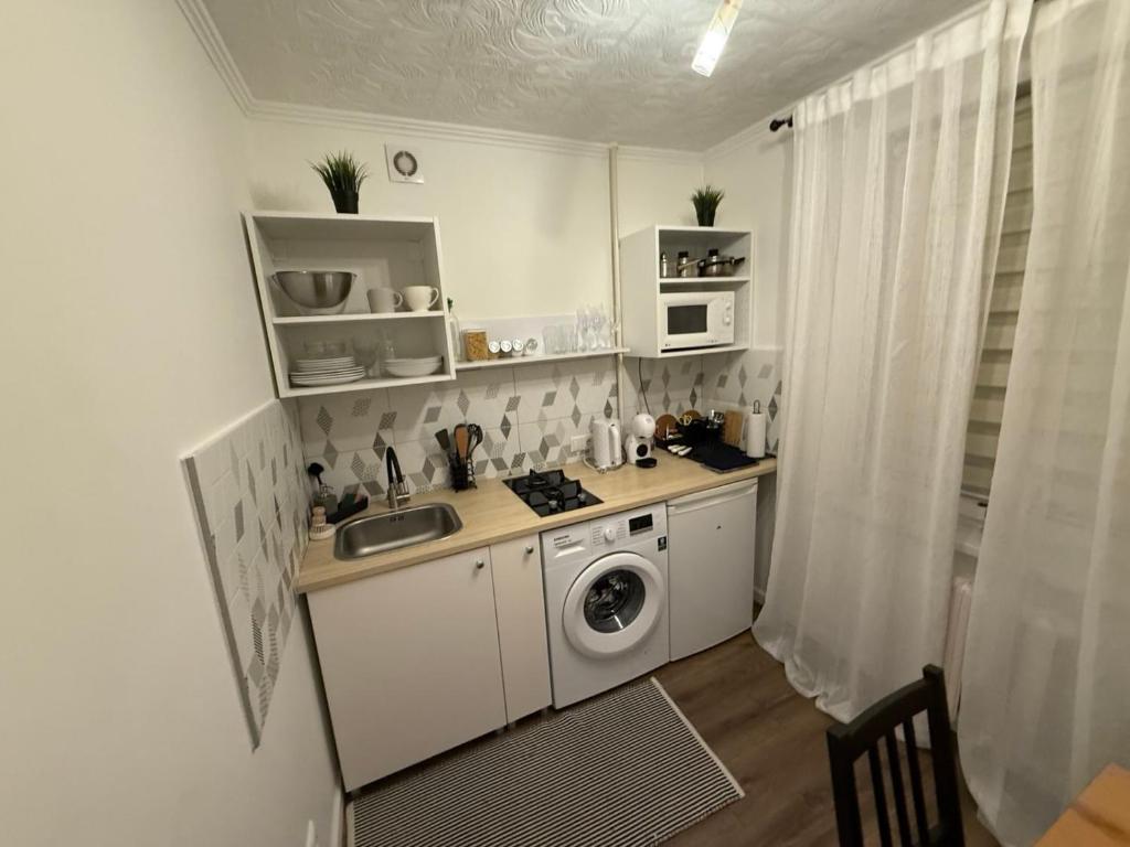 een keuken met een spoelbak en een wasmachine bij Gregors is waiting for you in Daugavpils