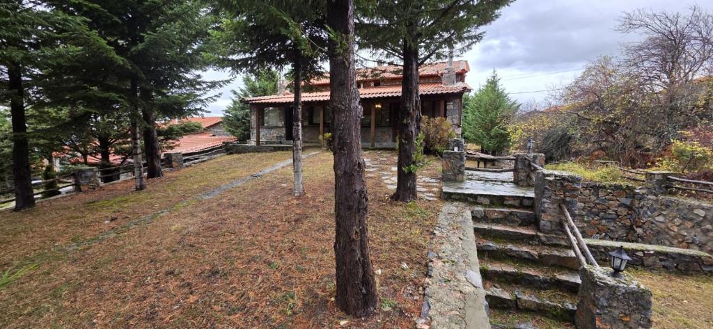 uma casa numa colina com uma parede de pedra em Cozy Stone Retreat em Palaios Agios Athanasios