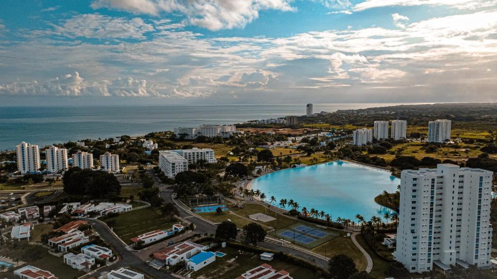 an aerial view of a city with a swimming pool at Luz de Laguna in Playa Blanca