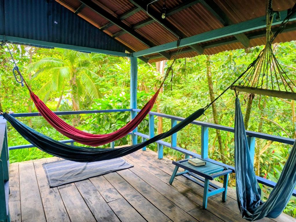un porche con 2 hamacas en una terraza en La Bohemia Capurganá, en Capurganá