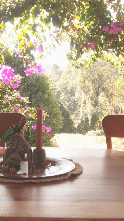 una statuina giocattolo seduta su un tavolo con dei fiori di Casa Mares Valle de Bravo a Valle de Bravo