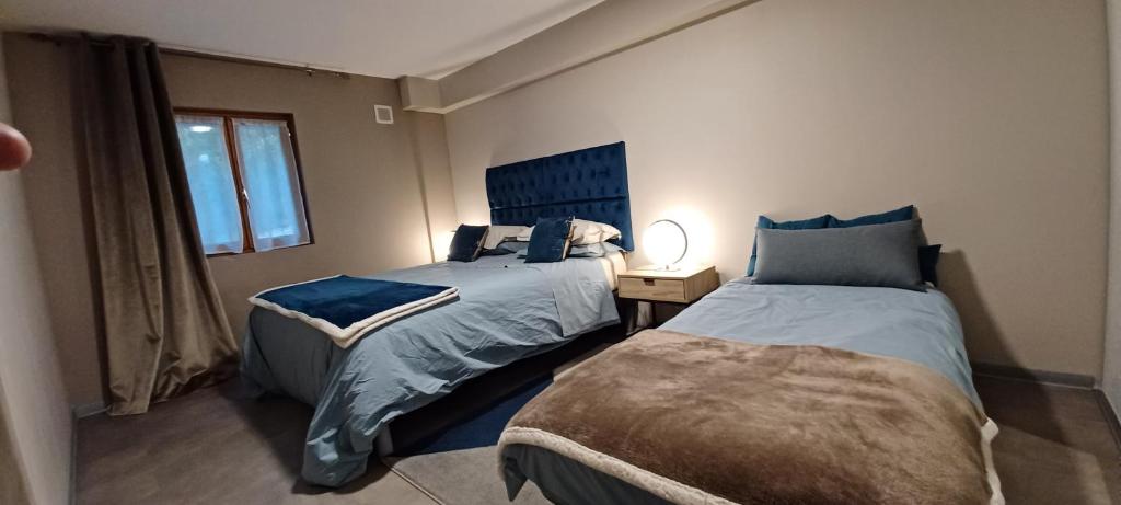 Un dormitorio con dos camas y una ventana en Appartement entre Sisteron et Gorges de la Méouge " Les Hauts de Toscane ", en Ribiers