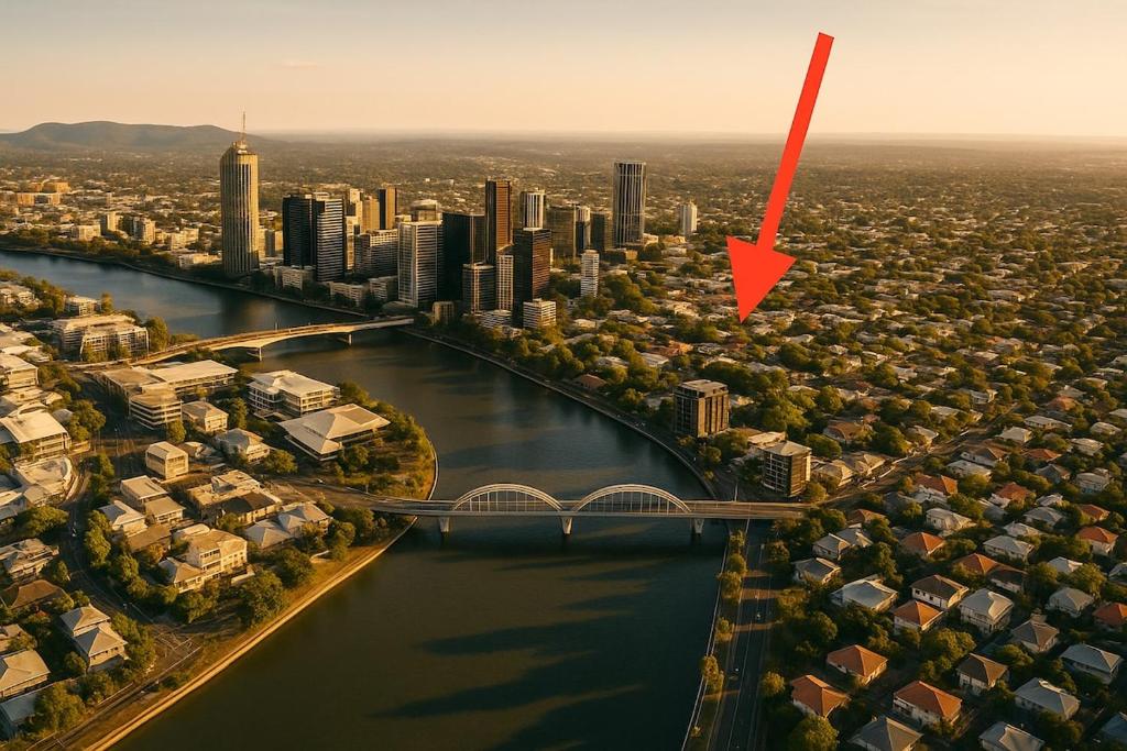 Brisbane CBD - 2BR - Sleeps 6 - Snacks WIFI - Parking في بريزبين: اطلالة جوية على مدينة فيها جسر ونهر