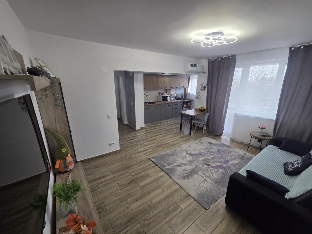 a living room with a couch and a kitchen at NGR Residence in Ploieşti