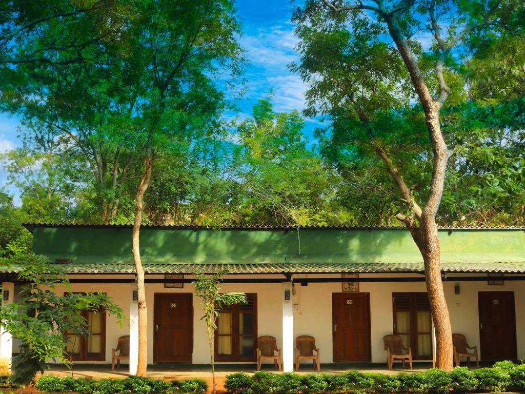 a building with chairs and trees in front of it at Lishan Nature Resort - Kataragama in Gotamegama