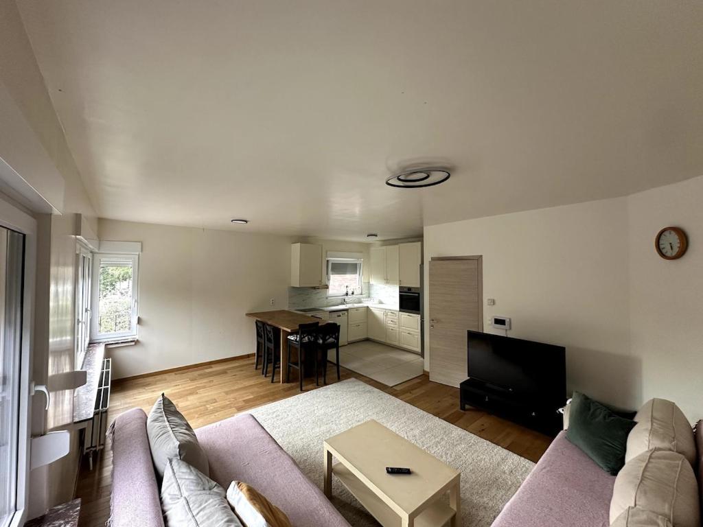 a living room with a couch and a table at Cozy&Spacious apartment with garden in Antwerp
