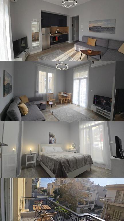 a collage of photos of a bedroom and a living room at KYANA Luxury KVA II in Kavála