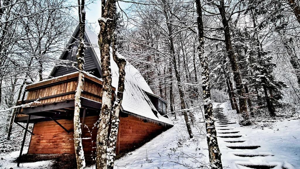 una baita nel bosco con la neve sul terreno di The Deer Lodge Durbuy a Durbuy