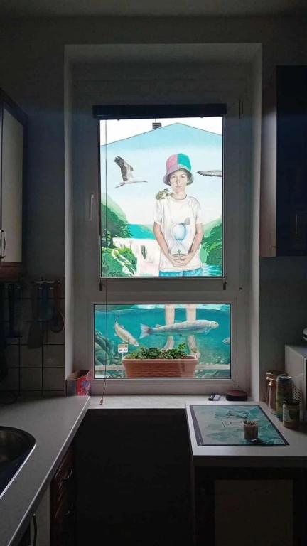 a window in a kitchen with a picture of a woman at Apartman BRKO in Bihać