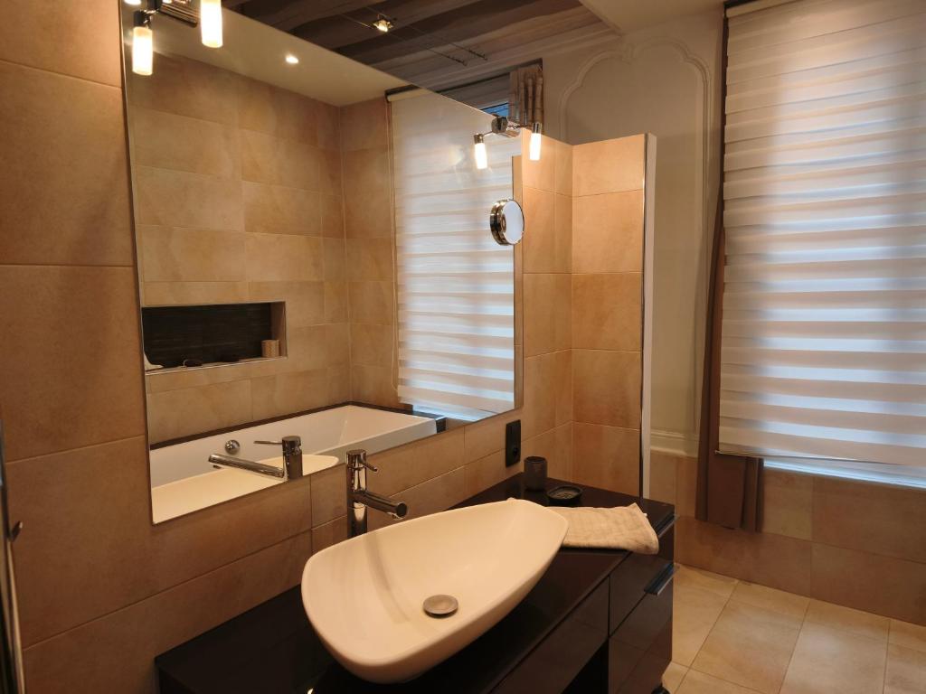 a bathroom with a sink and a bath tub at Le Vieux Palais Hypercentre Rouen, Place Vieux Marché - Linge & Ménage Inclus in Rouen