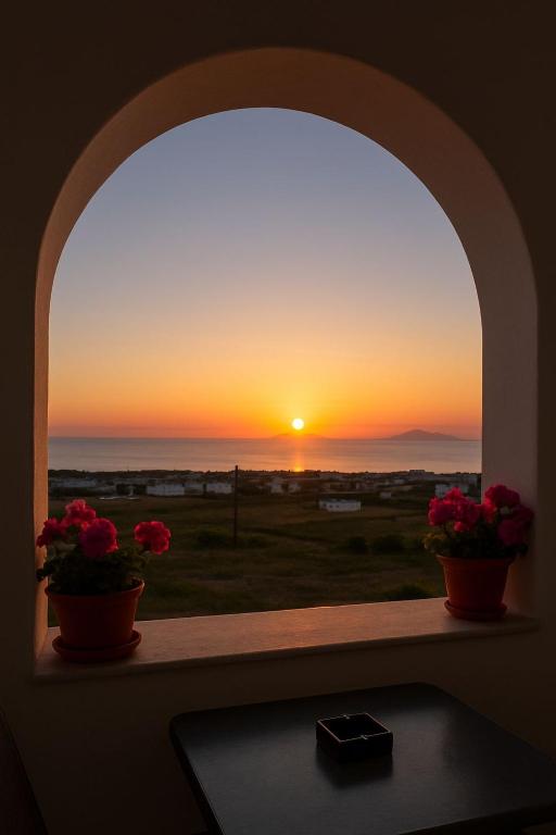an arched window with two potted flowers and a sunset at Dauti Gold Suites in Vóthon