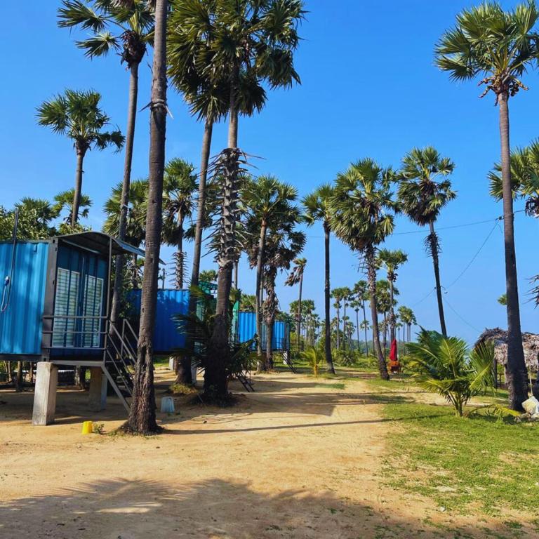 Un parque con palmeras y un edificio azul. en Palmyrah Resort Best Rooms with Sea View, 