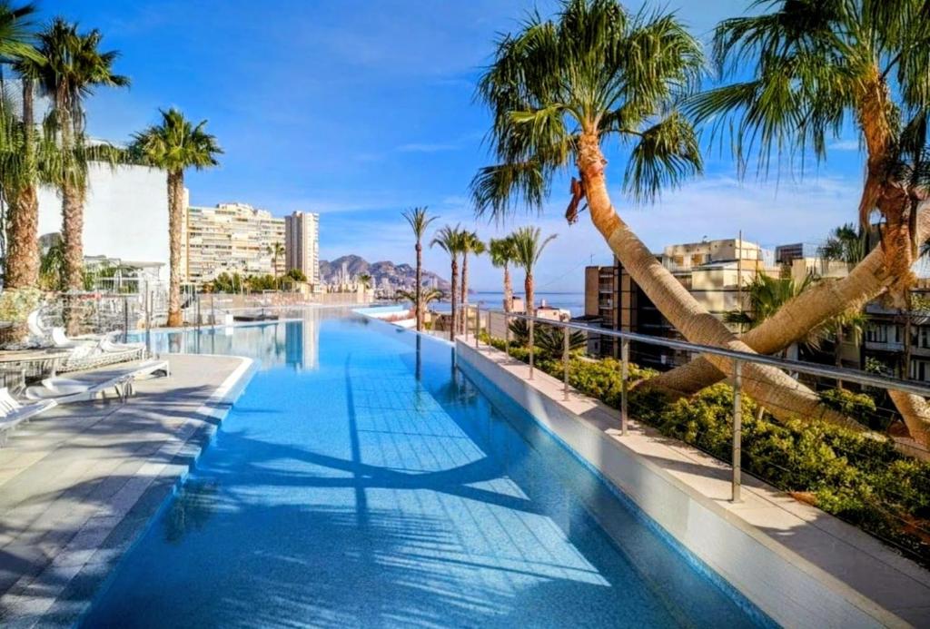 einen Pool mit Palmen am Strand in der Unterkunft Sunset Cliffs Luxury Apartment Benidorm in Benidorm
