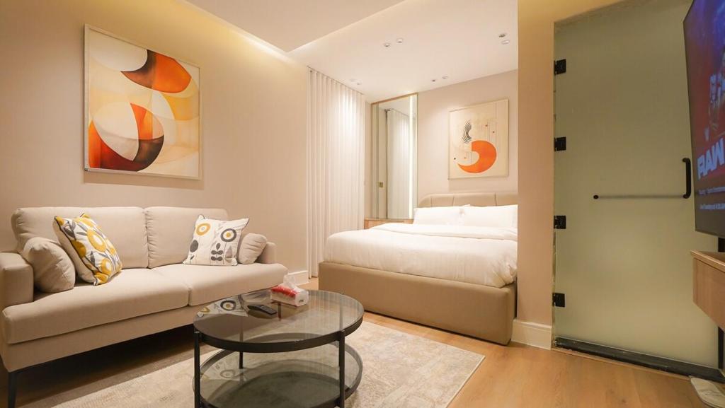 QuaiLuxe Haven Studio Comfort near Boulevard111的带沙发和床的客厅