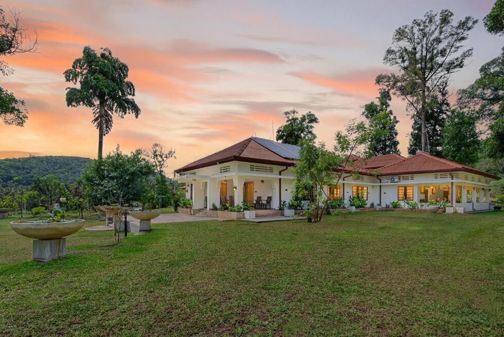 una casa con un patio con una fuente en The Tusker's Hideout, en Alawwa