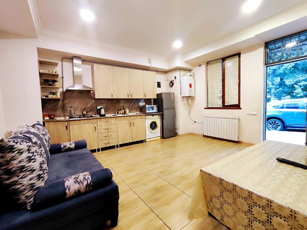 ein Wohnzimmer mit Sofa und eine Küche in der Unterkunft Jermuk Mini Apartment in Dschermuk