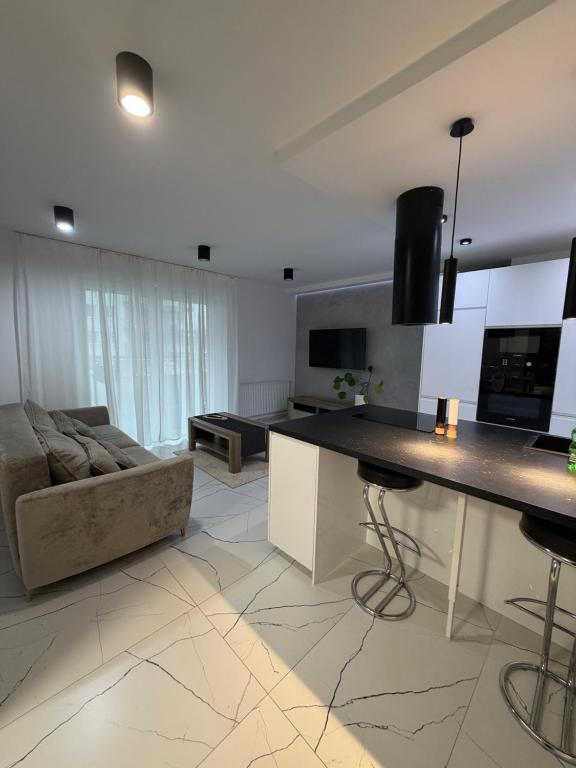 un salon avec un canapé et une cuisine avec un comptoir dans l'établissement Apartament 8, à Łobez