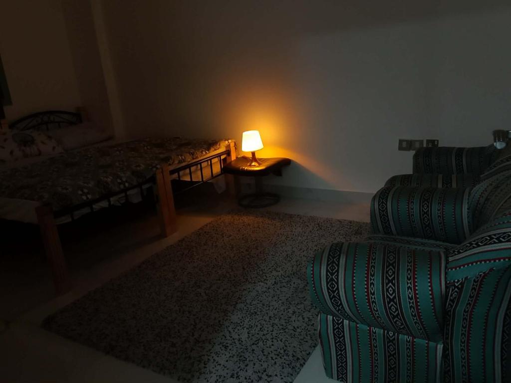 una habitación con una cama, una lámpara y una silla en Everest vibes, en Abu Dabi