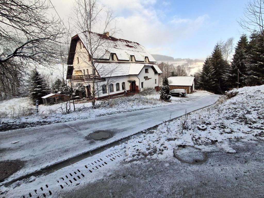 a house on the side of a road in the snow at Gościniec, kwatery prywatne przy stoku w Zieleńcu in Duszniki Zdrój