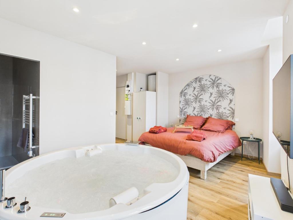 a bathroom with a tub and a bed at La petite suite Ponote in Le Puy en Velay