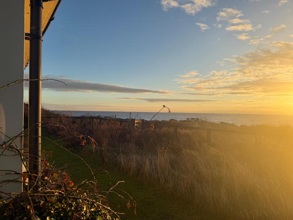 - une vue sur l'océan au coucher du soleil depuis un champ dans l'établissement Cottage on remote wild coast, à Bawdsey