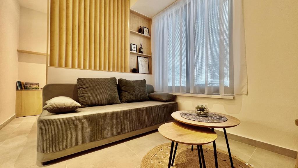 un salon avec un canapé et une table dans l'établissement Black Lotus 4 I City Centre I Free Parking l 24hr Access, à Banská Bystrica