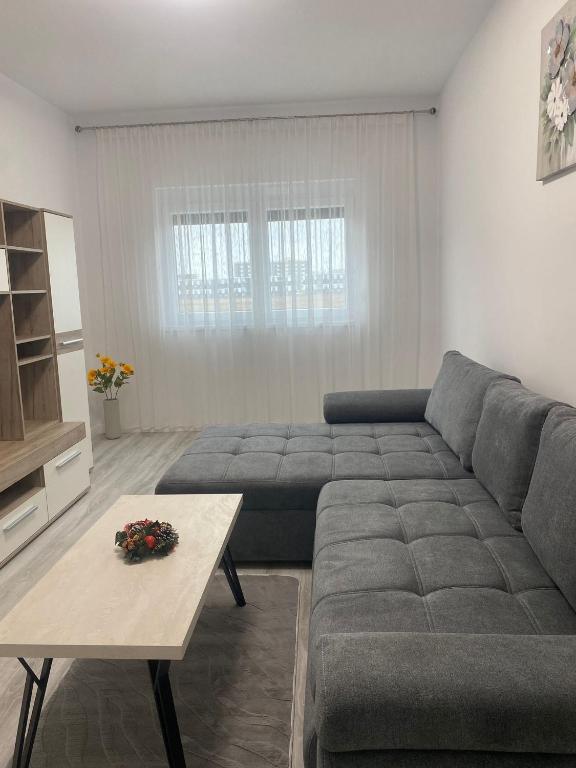 a living room with a couch and a table at Two modern apartments in Sibiu