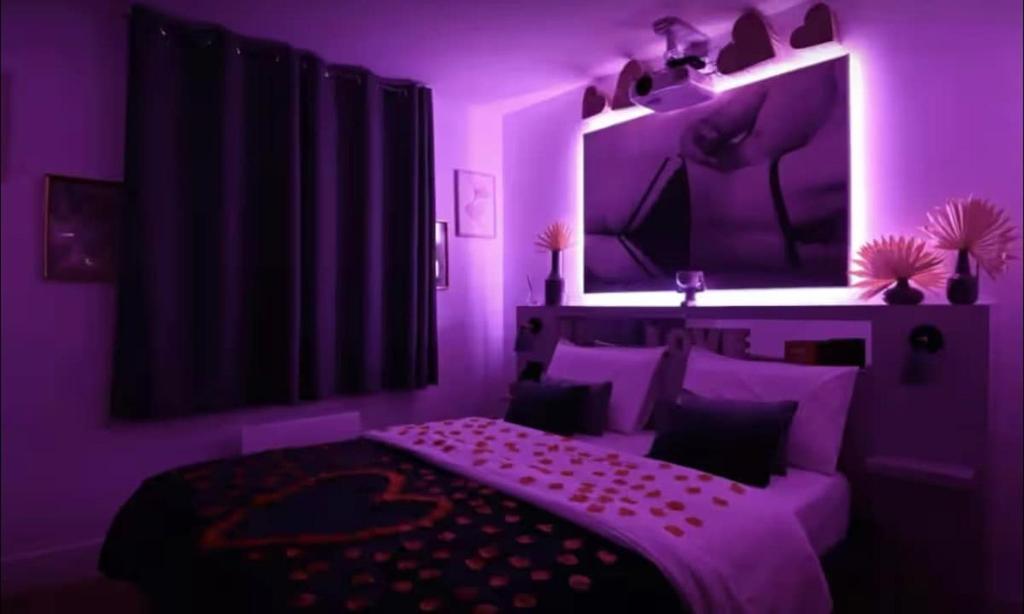ein lila Schlafzimmer mit einem Bett und einem Spiegel in der Unterkunft Evasion à deux - Spa privatif in Beaugency