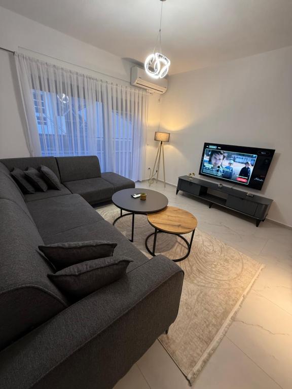 普里什蒂纳Central Lux Apartmens的客厅里有一张沙发和一台电视