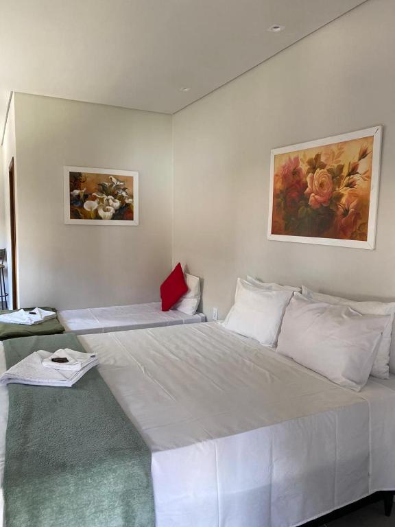a bedroom with a large white bed with two pillows at POUSADA ACONCHEGO CHAPADA in Alto Paraíso de Goiás